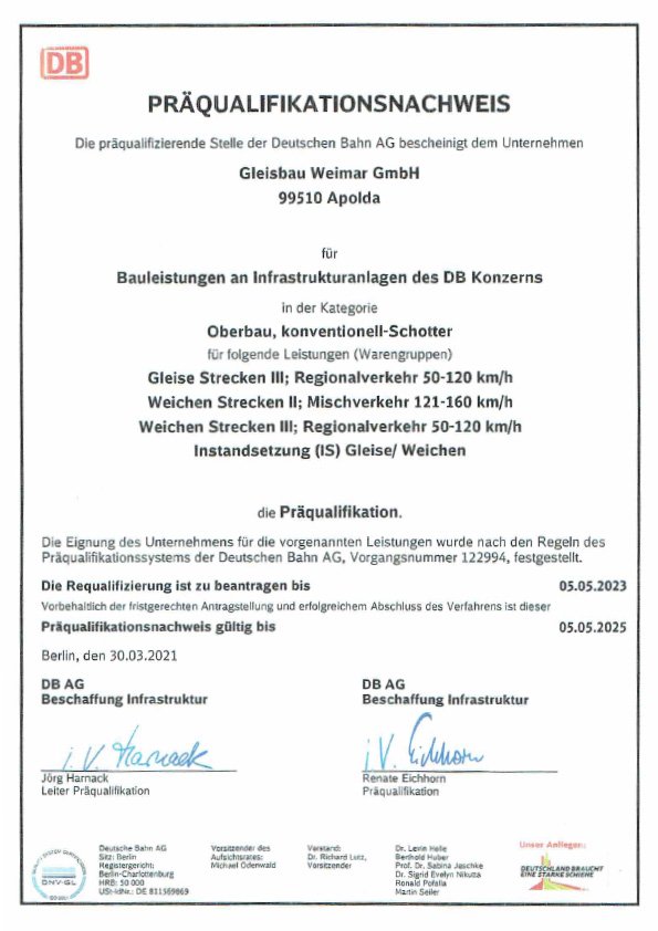 Gleisbau Weimar GmbH - Präqualifikationsnachweis